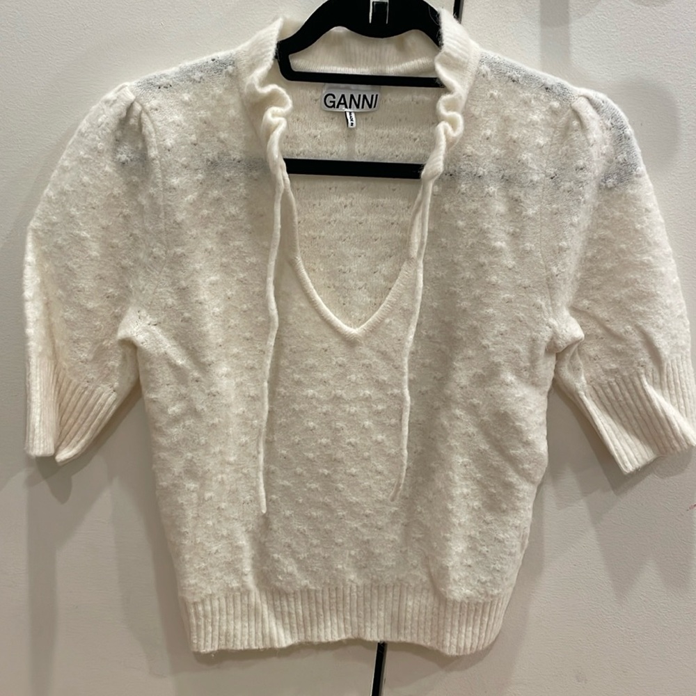 GANNI Cream Pointelle Knit Top XS